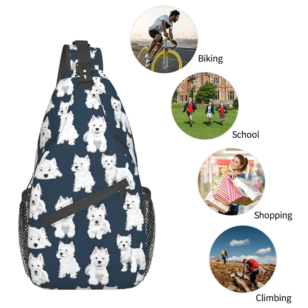 West Highland Terrier Crossbody Sling Bag, Saco Peito Pequeno, Cão, Cachorro, Mochila de Ombro, Mochila, Viagem, Caminhadas, Esportes, Bonito