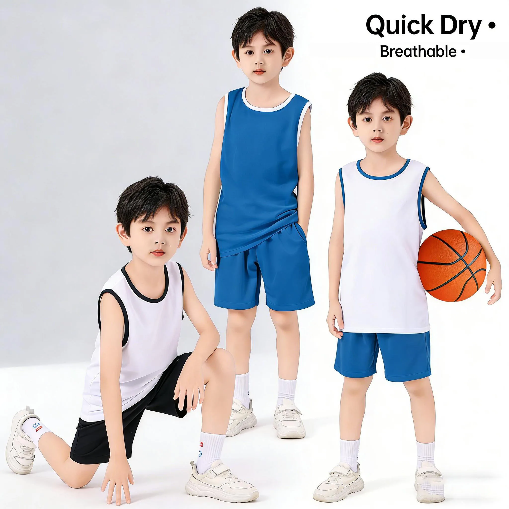 キッズ速乾バスケットボールサッカーユニフォームセット-無地アスレチックタンクトップ＆ショーツセット-トレーニングウェア-男の子女の子チームスポーツ用