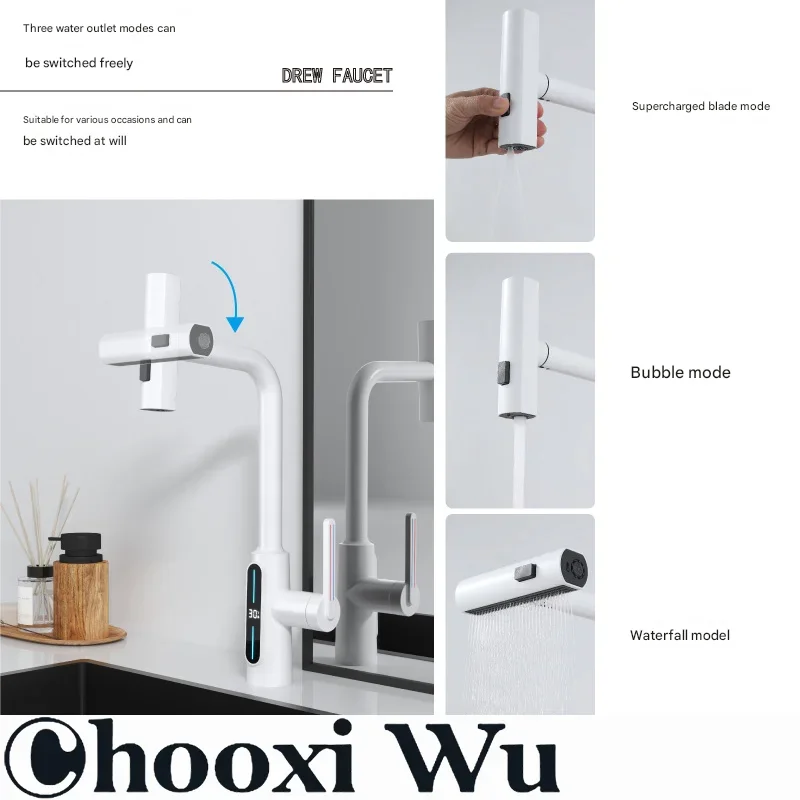 

Faucet Stainless Steel Kitchen Intelligent Digital Display Faucet, Pull-out Hot and Cold Rain Waterfall Washing Basin Faucet