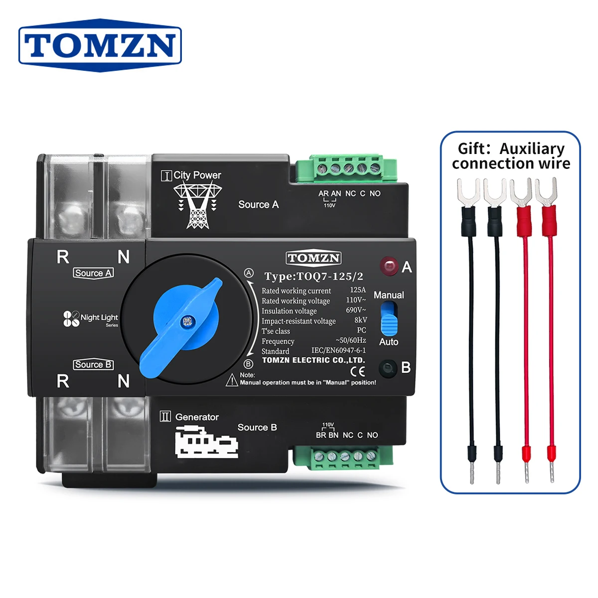 TOMZN Przełącznik Automatyczny Przełączania Zasilania na Szynę DIN ATS 110V 120V, Podwójne Zasilanie, Przełącznik Elektryczny Bezprzerwowy 2P 63A 100A 125A