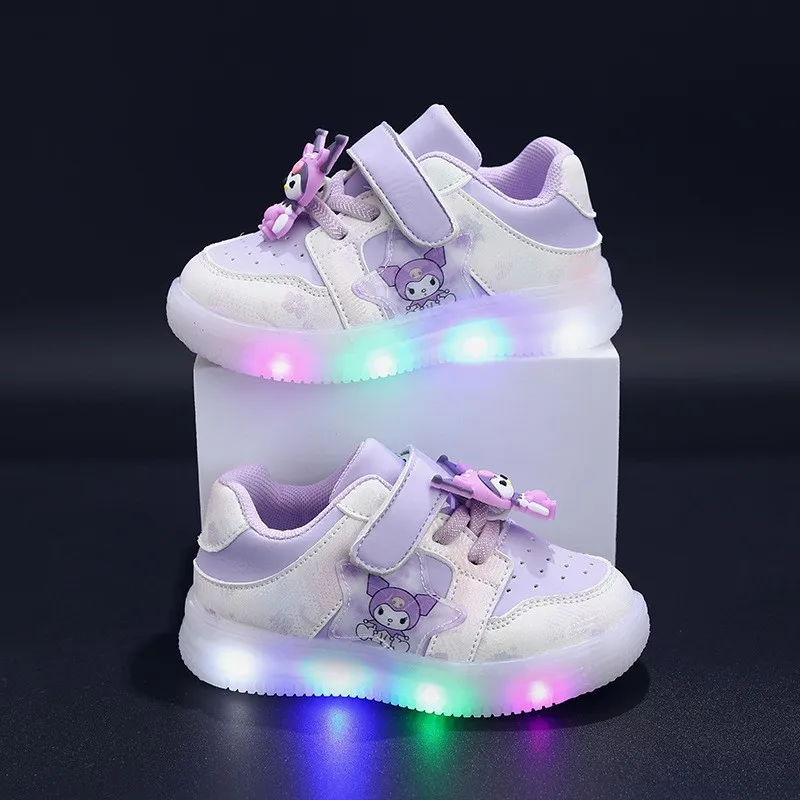 Girl\'s Fashion Cartoon Kuromi LED Lights Casual Sports Shoes Baby Breathable and Luminous Childrens Soft Sole Outdoor Sneakers