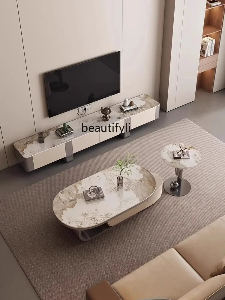 

zzItalian Coffee Table Light Luxury High Sense Modern Minimalist Oval Stone Plate Tea Table Living Room Home Side Table furnitur