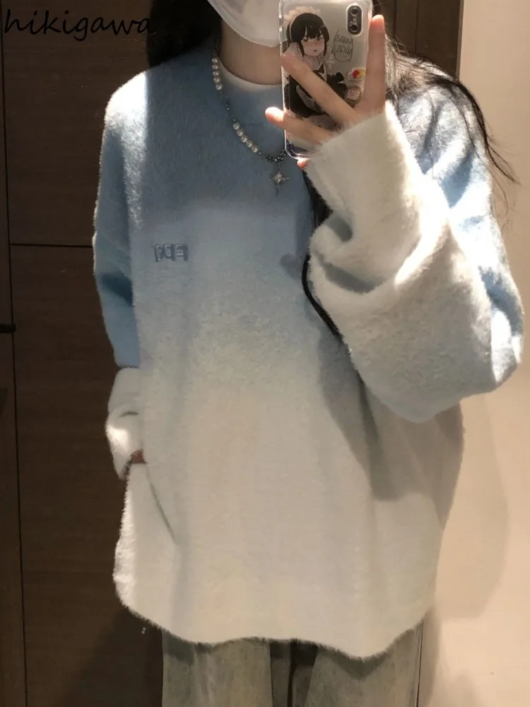 

Chic Gradient Color Jumper Knitting Pullovers Autumn Winter Clothing Sueter Mujer Korean Pull Femme Soft Thicked Women Sweater
