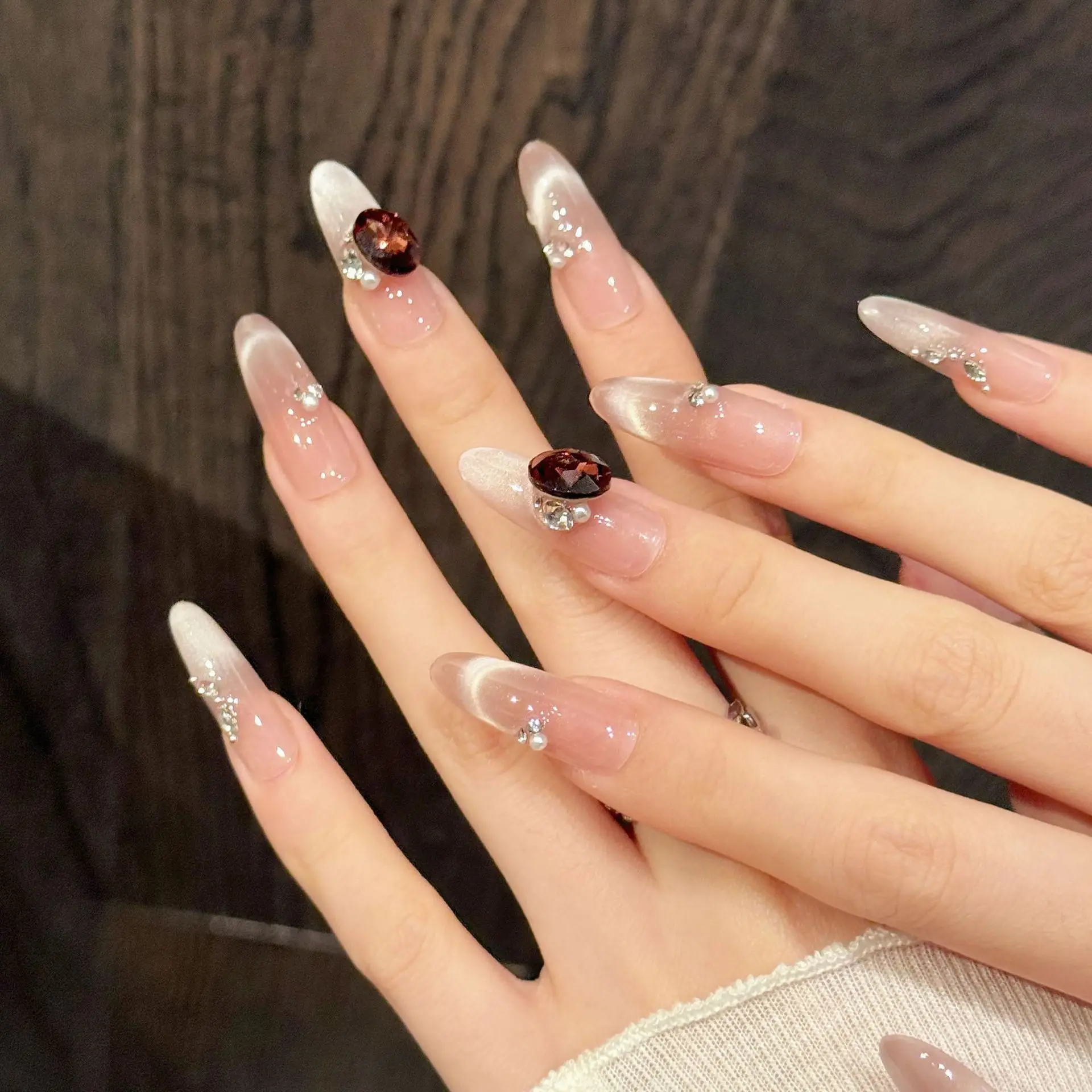 

10 шт. длинных овальных накладных ногтей ручной работы, полное покрытие, розовые французские ногти с бриллиантами, накладные ногти для маникюра, накладные ногти для декора