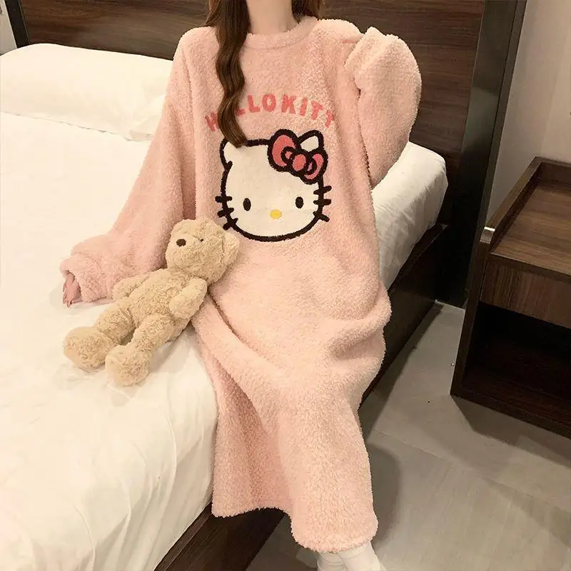 

Anime Sanrios Hello Kittys Nightgown Kawaii Cute Plush Pajamas Girly Sweet Long Style Princess Night Dress Student Home Clothes