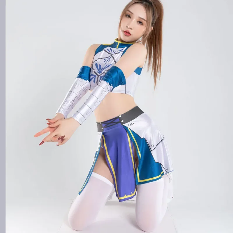 Neue sexy Frauen schwimmen weiß bodysuit Cosplay Strumpfhosen 4 stücke Glänzende Japanische Anime Chunli Rock Kostüm Roleplay badeanzug Kostüm