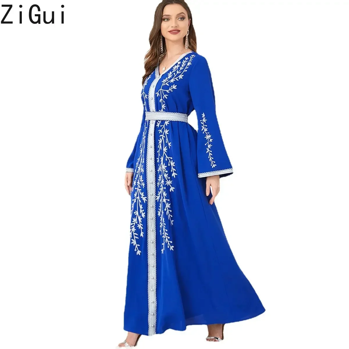 Zigui Arabic Dress Woman Wedding Party Prom Leaf Embroidery Blue Chiffon Elegant Evening Dresses For Women Luxury