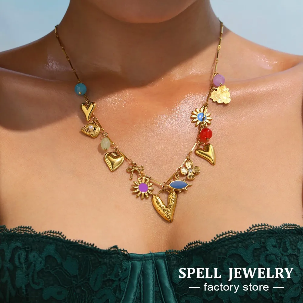 

Bohemian Chain Necklace In Stainless Steel 18k Gold Plated With Multi Heart Flower Charms Necklaces For Women Holiday Jewelry