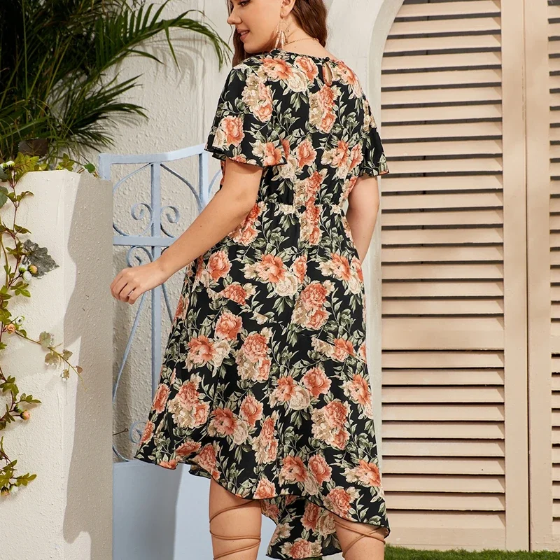 Plus Size Butterfly Sleeve Floral Print Elegant Summer Dress Women Irregular Hem Party Dress Female Large Size Chiffon Dress 6XL