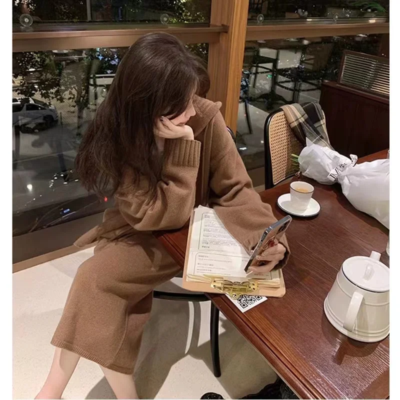 Autumn korean style clothes Knitted suit with skirt clothing women trends 2023 two piece skirt long set 2 piece outfit  Hooded