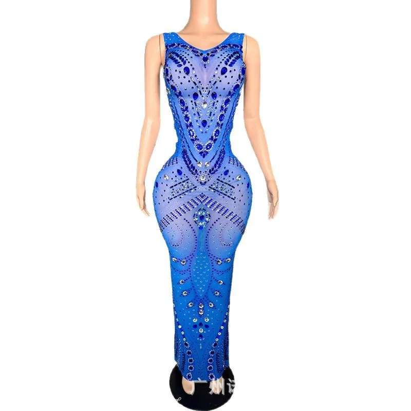 

Temperament Blue Sleeveless Waist Dress Cocktail Party Evening Birthday High-end Dress Vestidos Elegantes Mujer Vestido De Mujer