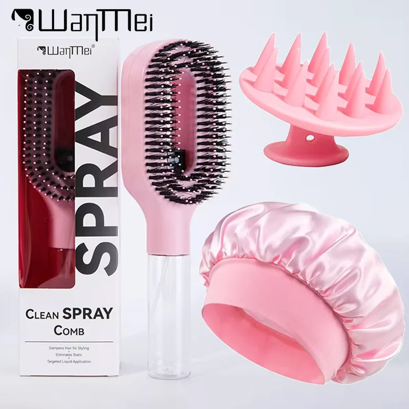 

3pcs/set Hair Spray Comb with Sleeping Cap Refillable Bottle with Hairbrush Shampoo Brush Satin Bonnet Hair Styling Tools