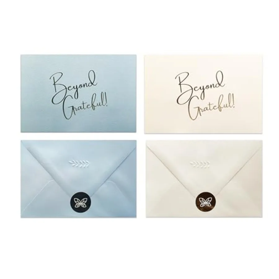

50 Gold Foil Thank You Cards with Envelopes and Stickers 25 Blue and 25 Cream "Beyond Grateful!" Folded 4x6 inch Thank You Card