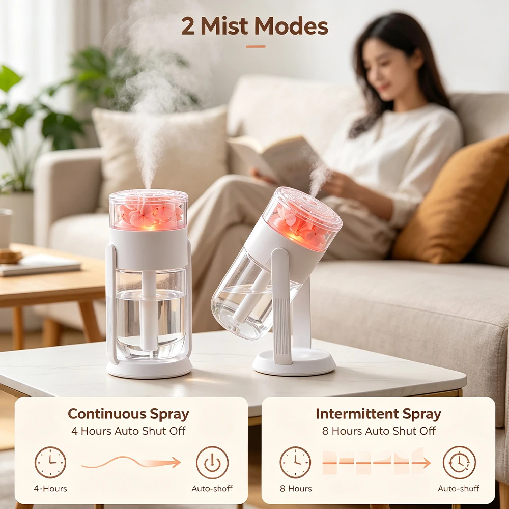 Humidifier USB Mini Preserved Flower 280ml Rotating Desk Cool Mist Maker with 7-Color LED Night Light for Bedroom Office Car