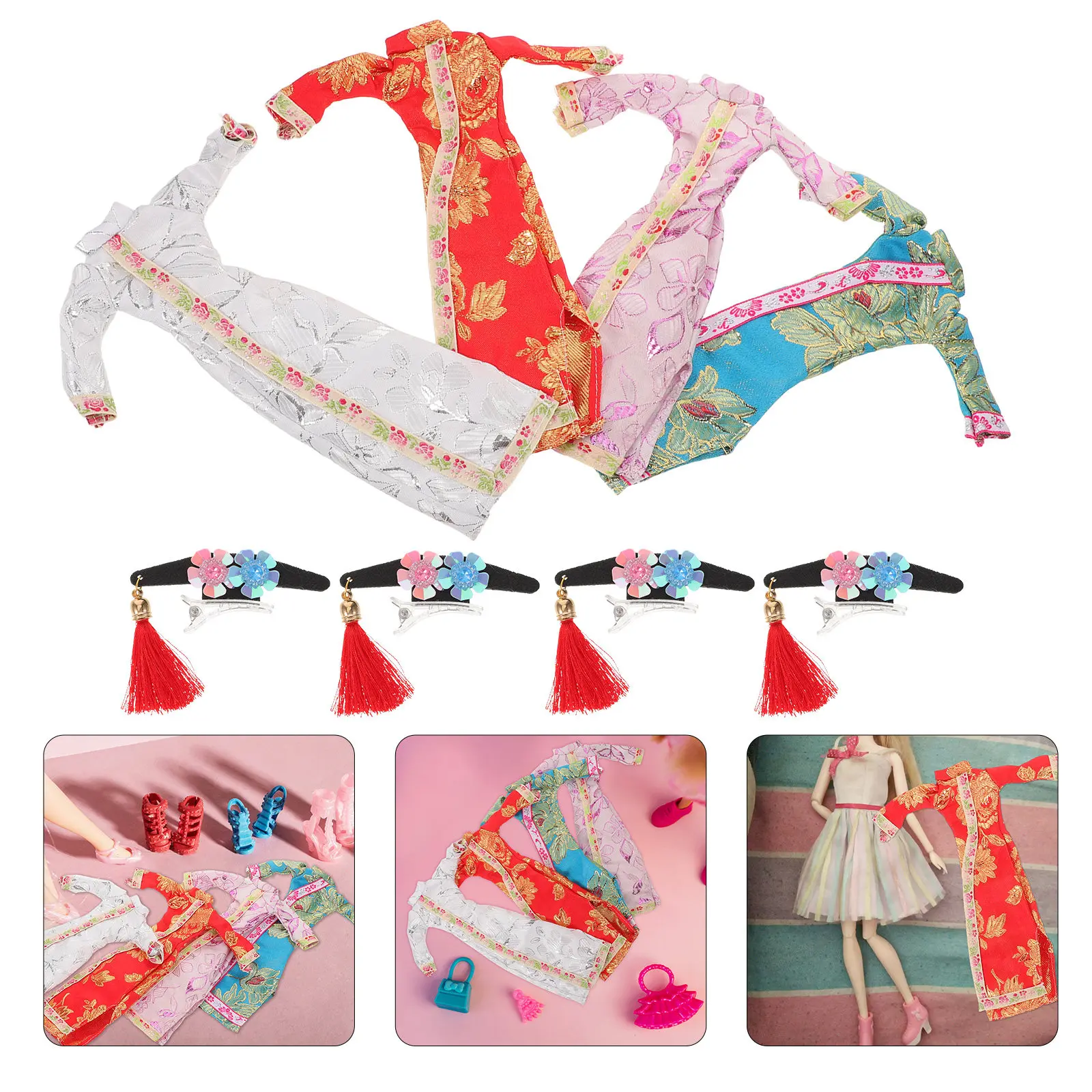 

Комплект из 4 предметов: мини-костюм чонсам (30 см), китайское платье для детей, винтажный цветочный наряд, аксессуары, комплект одежды