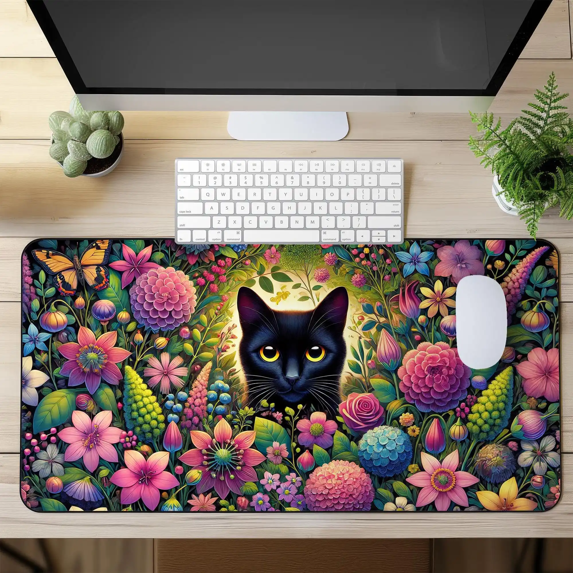 Black Cat Floral Pattern Table Mat,non-slip and Waterproof Mousepad,cute Gaming Desktop Decoration Mat,perfect Gift for Friends.