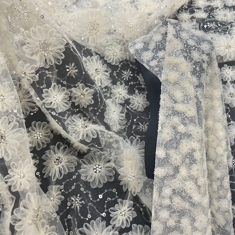 

High-end luxury handmade 3D floral sequin bead lace embroidered fabric, Spiral Flower design for wedding dress designer fabric