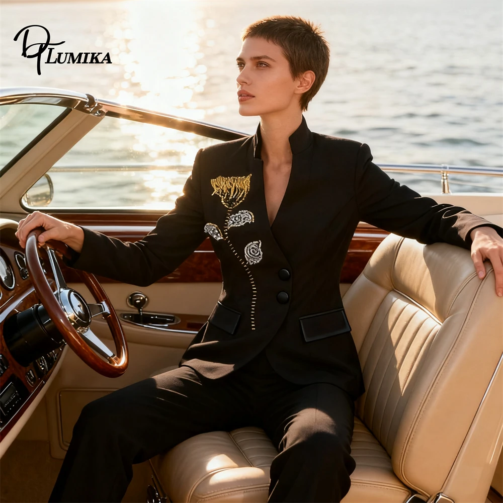 DTLumika Beaded Rose Suit Blazer for Women Side Buttons Black Commuting Style Suit Jacket Pageant Luxury Suits