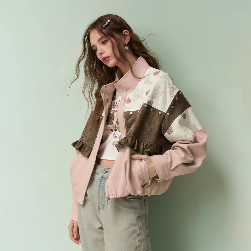 ELFSACK Damen-Jacke mit Patchwork-Blumendruck und Rüschen, kurze Bomberjacke, Streetwear, übergroßes, langärmliges, lässiges Frühlingstop