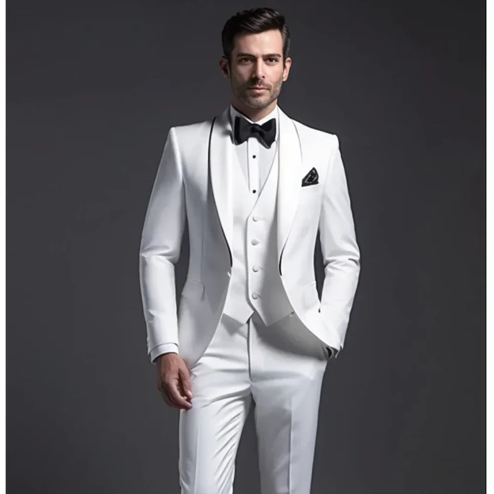 

Elegant White Suits for Men 3 Piece Chic Shawl Lapel Single Button Suit Prom Party Wedding Tuxedo Slim (Blazer+Vest+Pants)