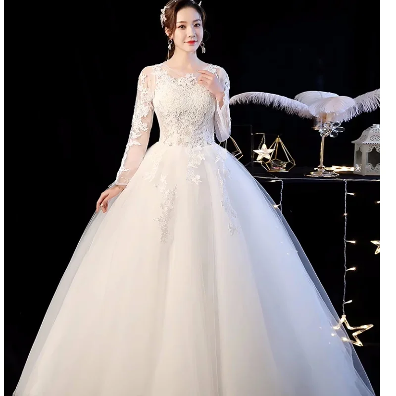 Cheap White Wedding Dresses Embroidery O-neck Full Sleeves Lace up Princess Floor-length Plus size Simple Bride Ball Gowns XN045