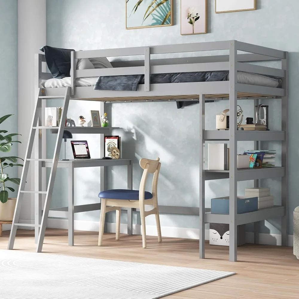 Twin Loft Bed with Desk & Storage Shelves, Solid Wood Loft Bed Frame with Bookcase, Ladder, Guardrails, Twin Size Loft Bed