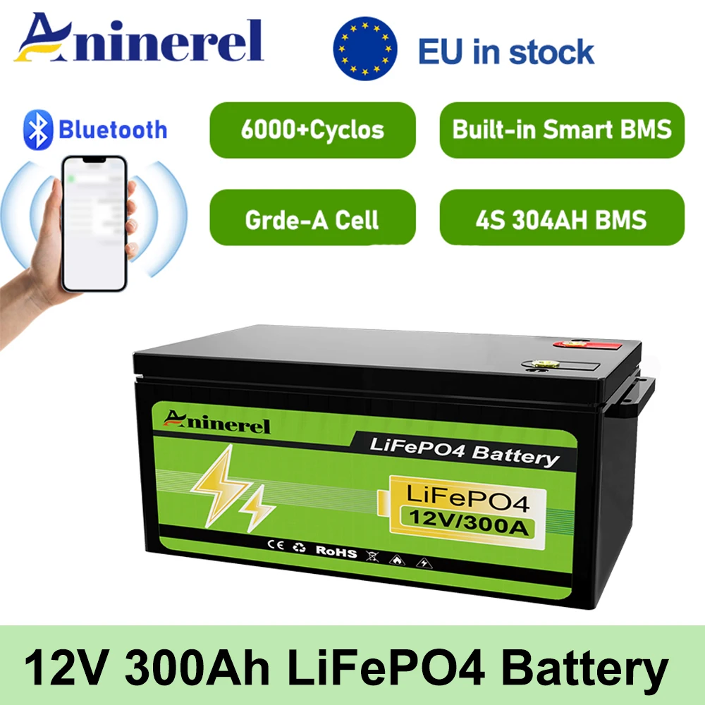 Aninerel 300Ah 12V LiFePO4 batterie intégrée 200A BMS 3840Wh Cycles profonds d'énergie parfait pour le système solaire de camping-car hors réseau