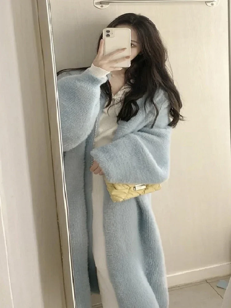 Korean Solid Long Woman Cashmere Cardigan Coat Sweet Fluffy Long Sleeve Sweater Winter Warm Loose Female Midi Knitted Clothing