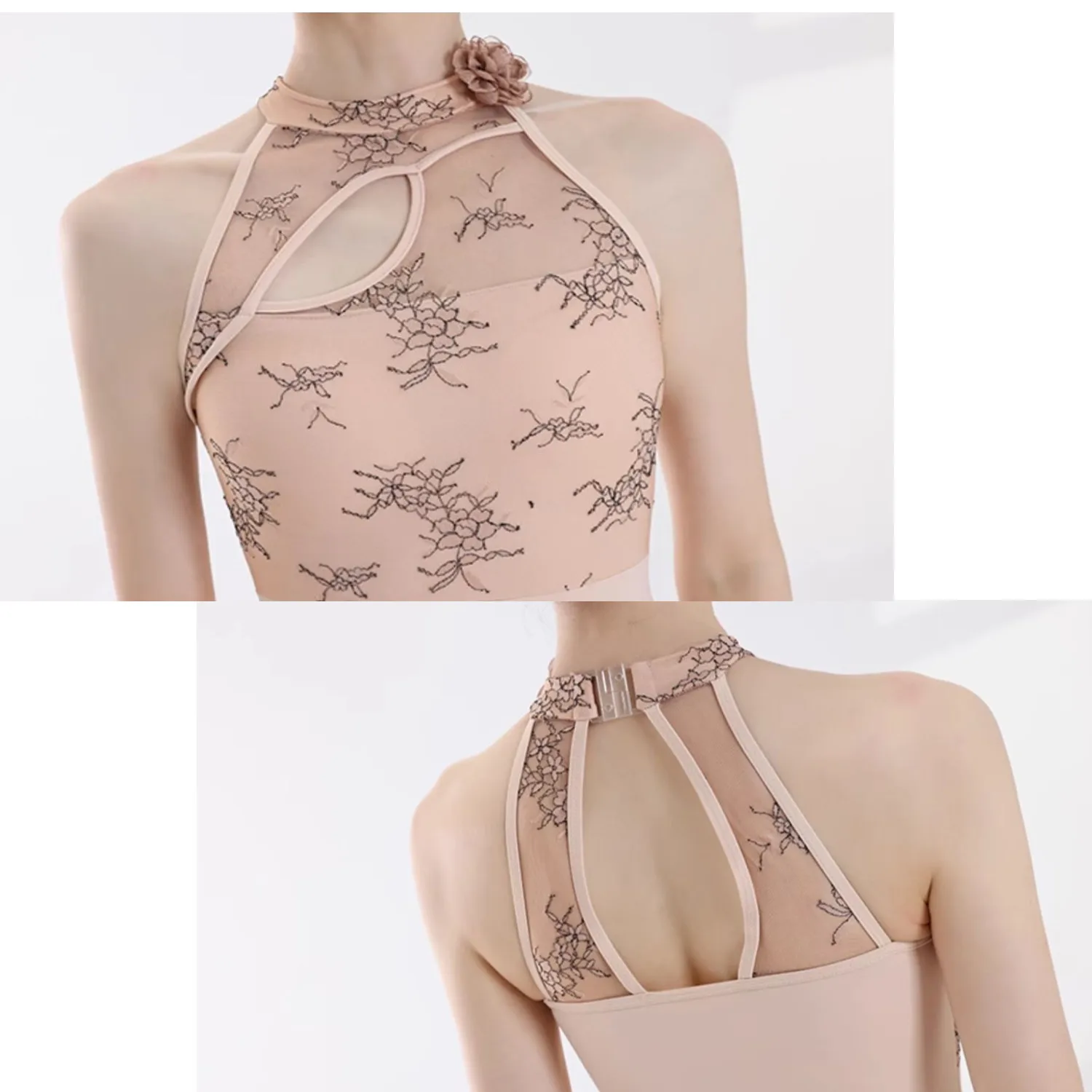 Women Chinese Inspired Ballet Leotard Lace High Neck Detachable Flower Cut-Out Design Dancewear Gymnastics Training Body Suit