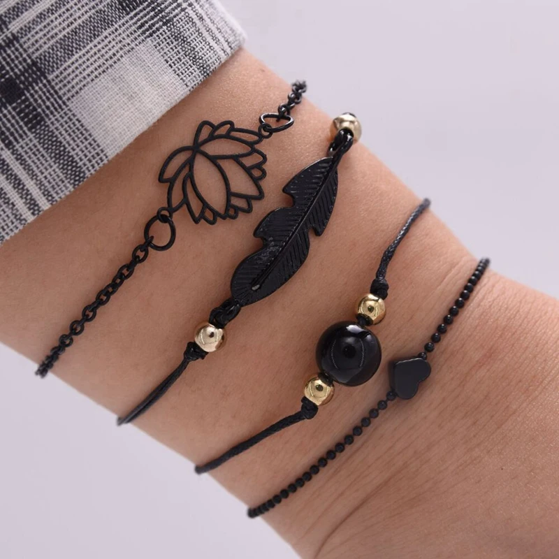 Fashionable 4 Piece Gothic Black Feather Lotus Bracelet Set Boho Style Ladies Bracelet