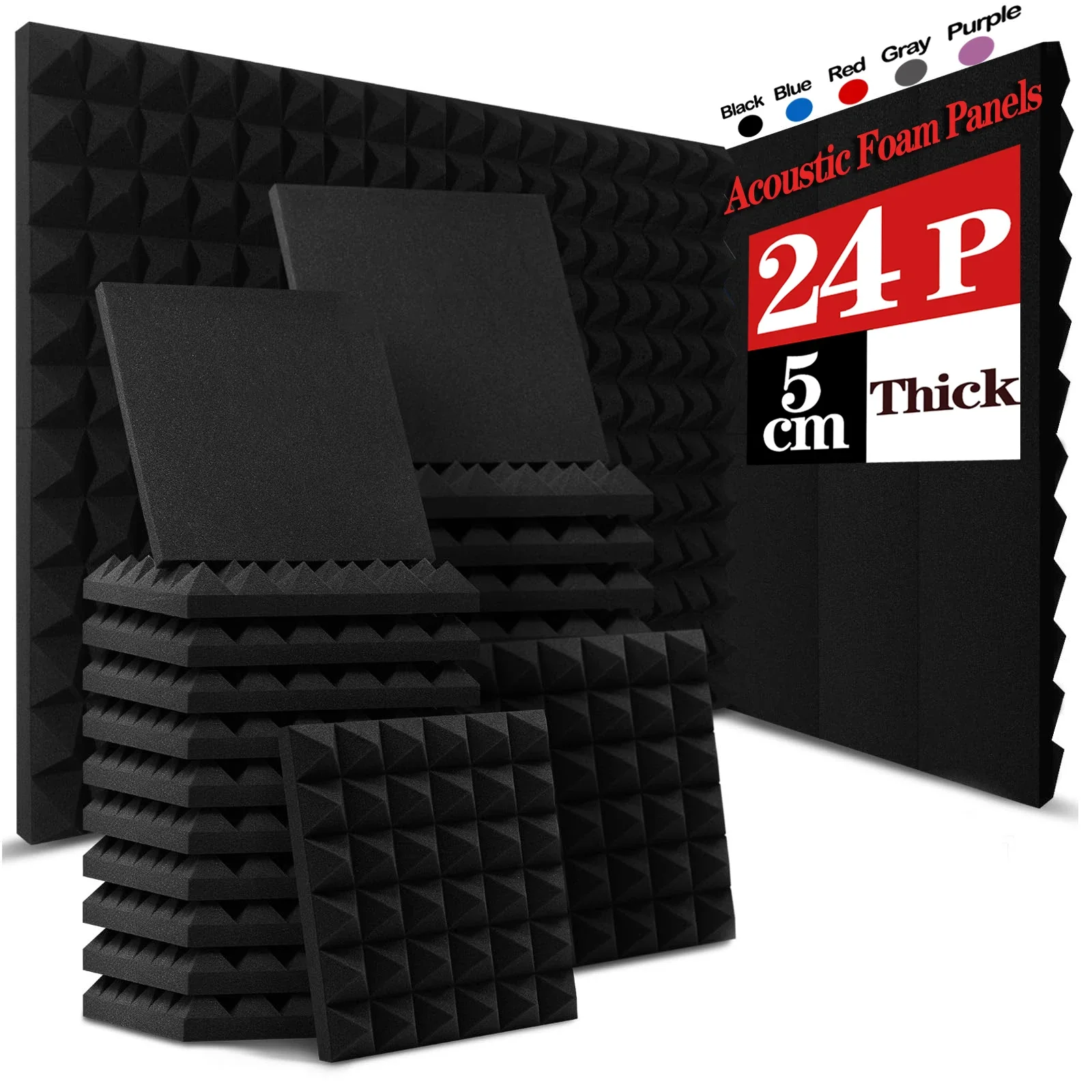 24PCS Acoustic Foam Panels Studio Soundproof Sponge Pyramid 12