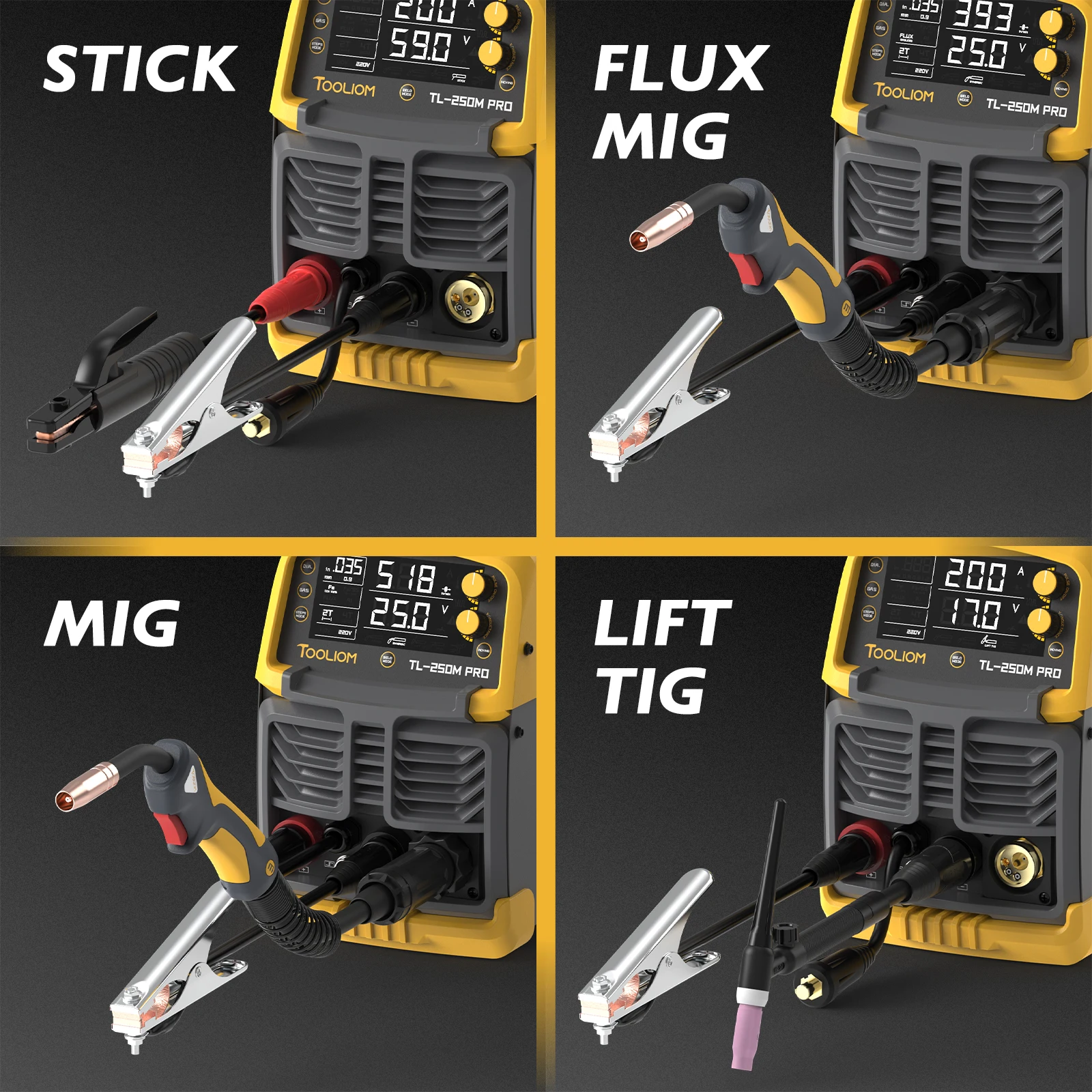 TOOLIOM Aluminum MIG Welder with Pulse 110V/220V Dual Voltage 4 in 1 Multifunctional Welding Machine Gas/Gasless Flux