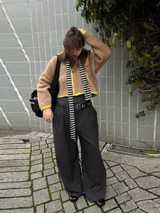 Patchwork Women Knitted Jacket Stand Collar Zipper Pockets Long Sleeve Coat Female Clothing Streetwear Fashion Spring Fall 2025