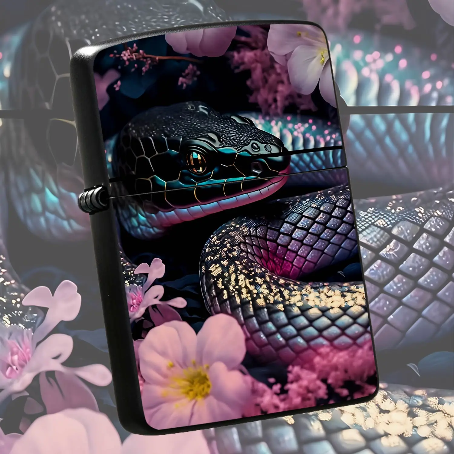 Exquisite Fantasy Black Snake Pattern Lighter, Delicate Pink Floral Jungle Art Decor, Portable Stylish Daily Carry Item, Unique Aesthetic Collectible, Practical Versatile Present for Different Occasions to Your Family an A Humorous And Inte