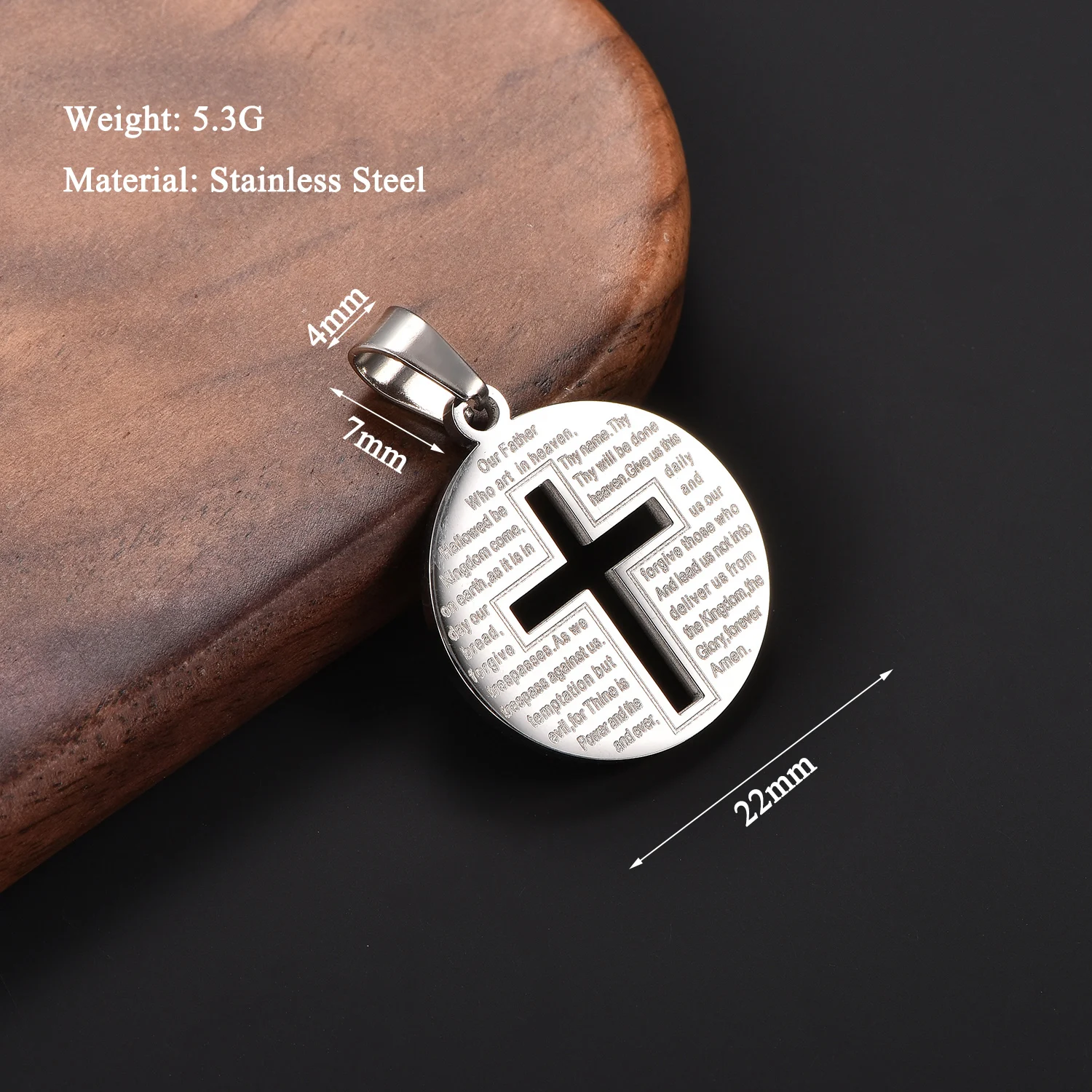 Runde Münzanhänger aus Edelstahl, Hohlkreuz-Halskette, Anhänger, christliche Bibel, Vaterunser-Kette, religiöser Schmuck – Detail 2