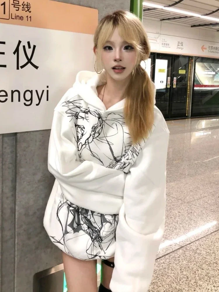 Japonês dos desenhos animados impressão grunge hoodie masculino e feminino gótico casual harajuku com capuz y2k moletom estético oversized streetwear