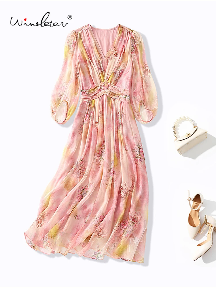 

Winsleter-Women 100%Real Silk Elegant Dress, 3/4 Sleeve V Neck Print, French Beach Vacation Dresses, 2025 Summer New D57103CC