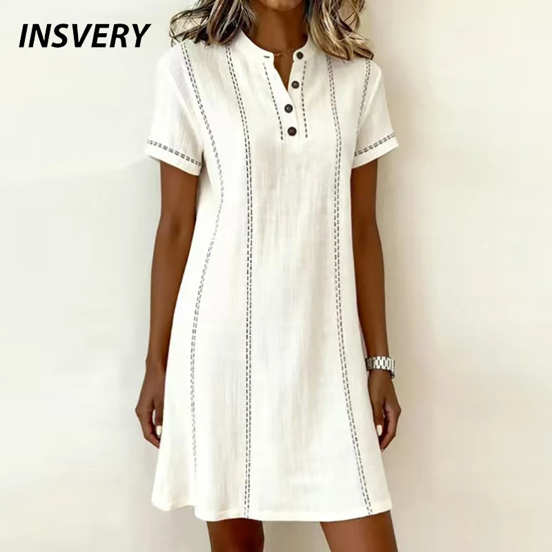 Summer Casual Mini Dress Women V Neck Button Short Sleeve Beach Holiday Dresses Women Striped Printed Loose Party Dress White