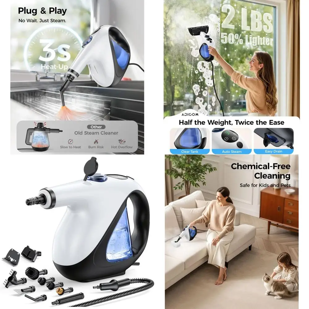 

Quick-Heat Portable Steam Cleaner - Lightweight, 2 LB, Easy Refill for Home, Furniture, and Kitchen Cleaning