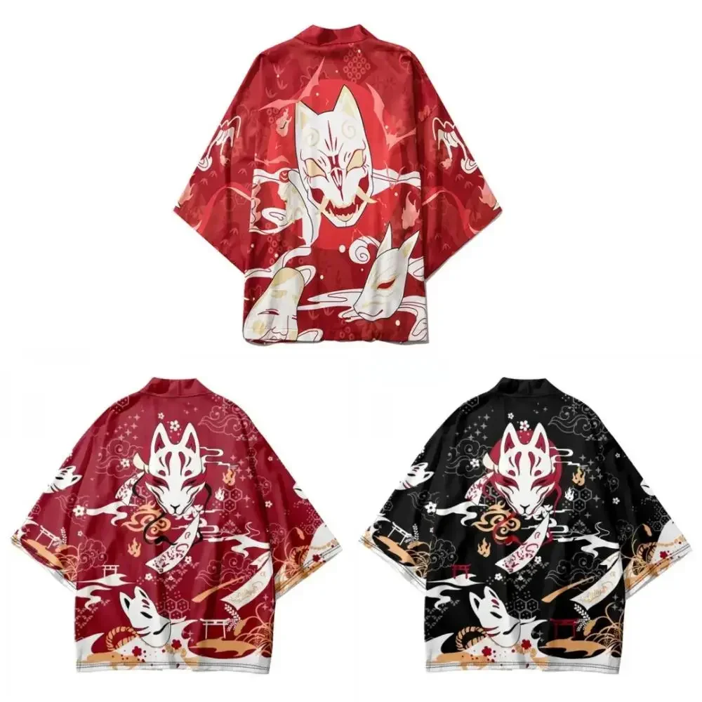Men Open Front Haori Kimono Cardigan 3D Print Japanese Fox Mask Cloud Art Pattern Polyester Loose Short Sleeve Outerwear