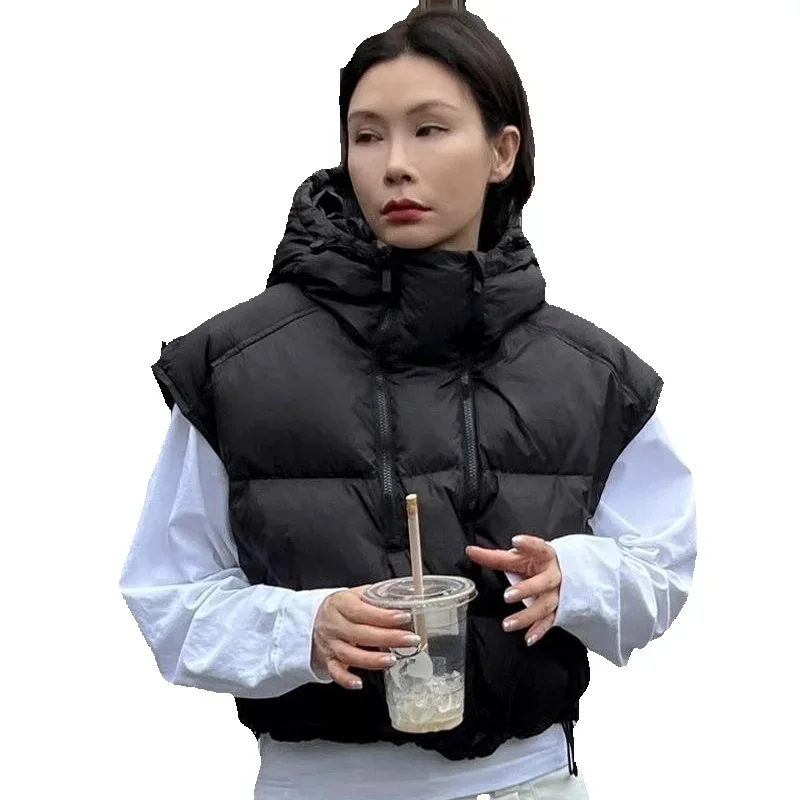 Autumn Winter Short Down Cotton Waistcoat Women 2025 New Fashion Loose Casual Hooded Cotton Vets Zipper Outerwear Female