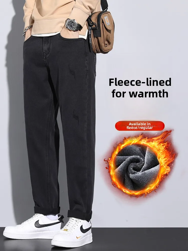 

Men's Fce Lined Thiened Denim Jeans Autumn Winter Straight Leg Nine Points Casual Wear Resistant Trendy mid Waist Zipper