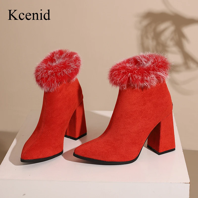 Kcenid Plus Size 33-50 Pointed Toe Faux Fur High Heel Sexy Modern Boots Leopard Print Short Plush Winter Ankle Boots For Women