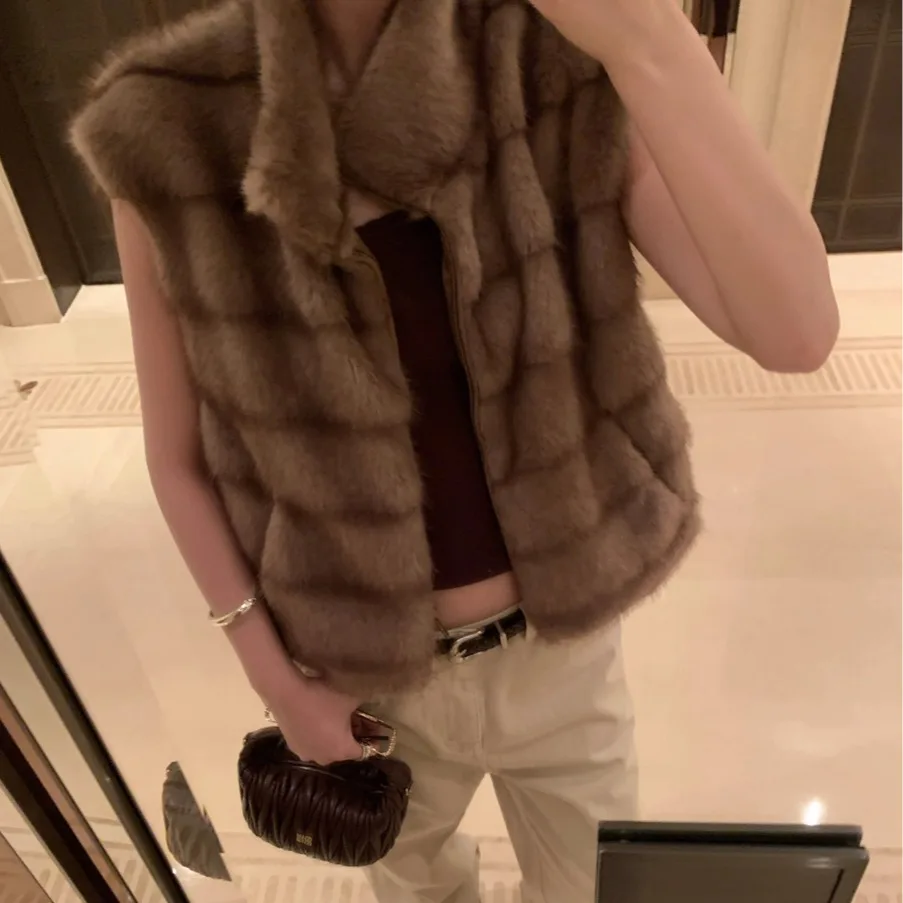 レディースジッパーファーベスト 秋冬 おしゃれ レトロスタイル 暖かいプラッシュ人工毛皮レザーコートトップ 通勤スタイル