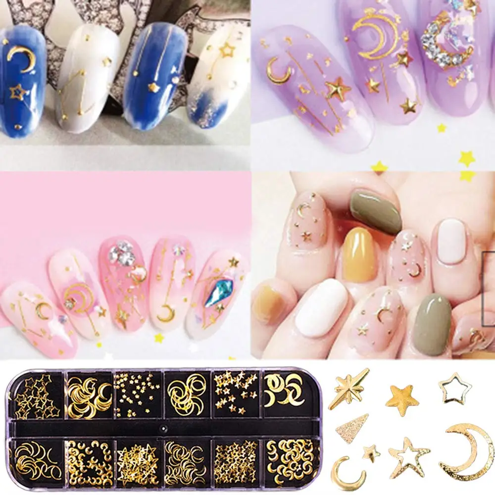 3D Nails Art Metal Charms Studs Jewels DecalsAccessories Gold Nail Micro Caviar Beads Star Moon Rivet Design Nail Supplies Decor