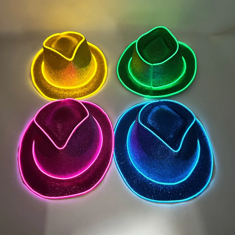 

New 10pcs LED Sparkling Glitter Powder Fedora Hat Wide Brim Magician Top Hat Colorful Glowing Hiphop Cowboy Party Cap