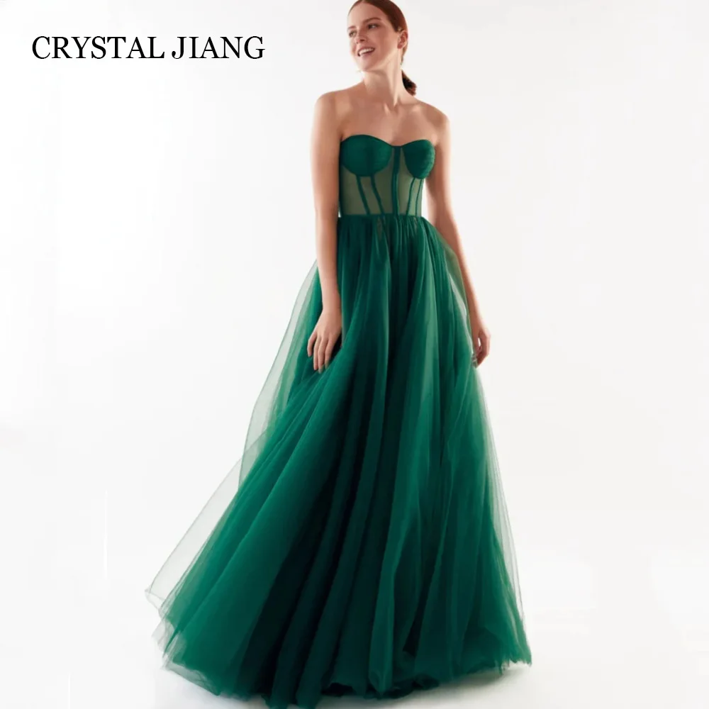 

Classic Long Green Strapless Tulle Prom Dresses Sleeveless A Line Floor Length Abito Cerimonia Donna Party Gowns