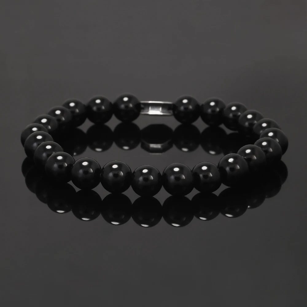 8mm Natural Stone Beaded Bracelet for Men Women 925 Sterling Silver Vajra Six Words Mantra Charm Obsidian Agate Handmade Jewelry view 4