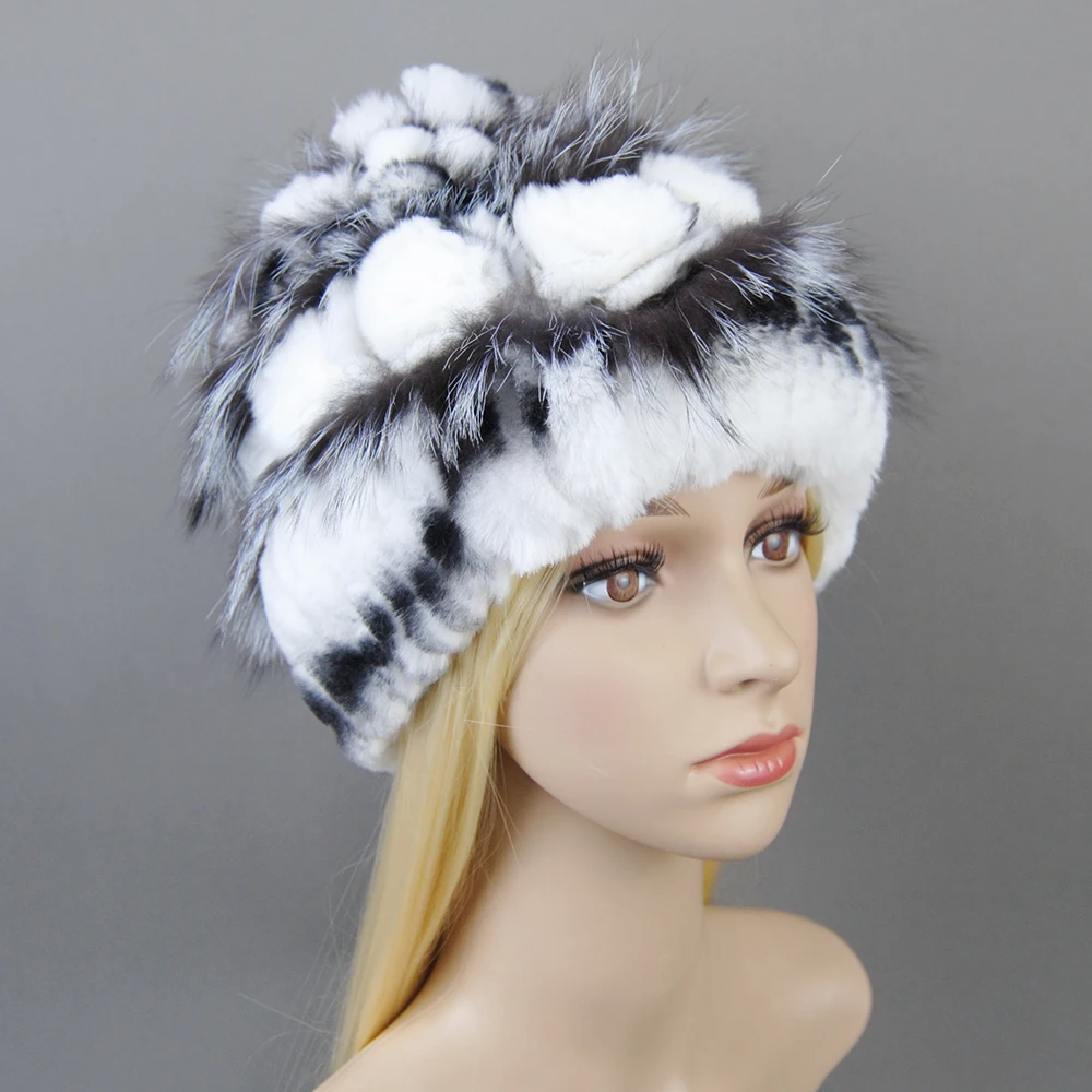 Women\'s Winter Fur Hat Natural Fur Knitted Real Rex Rabbit Fur Hats New Style Luxury Women Winter Silver Fox Fur Hat beanies