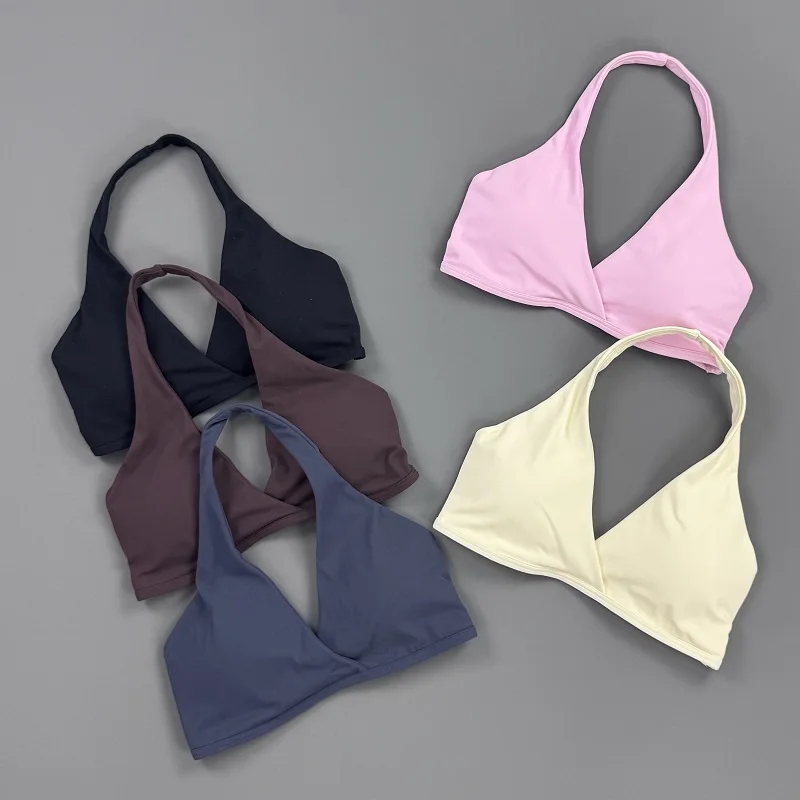 Histello Gym Top Women Halter Deep V‑Neck Padded Wireless Bra Soft Stretch Bra Fitness Workout Yoga Running Sports Brassiere